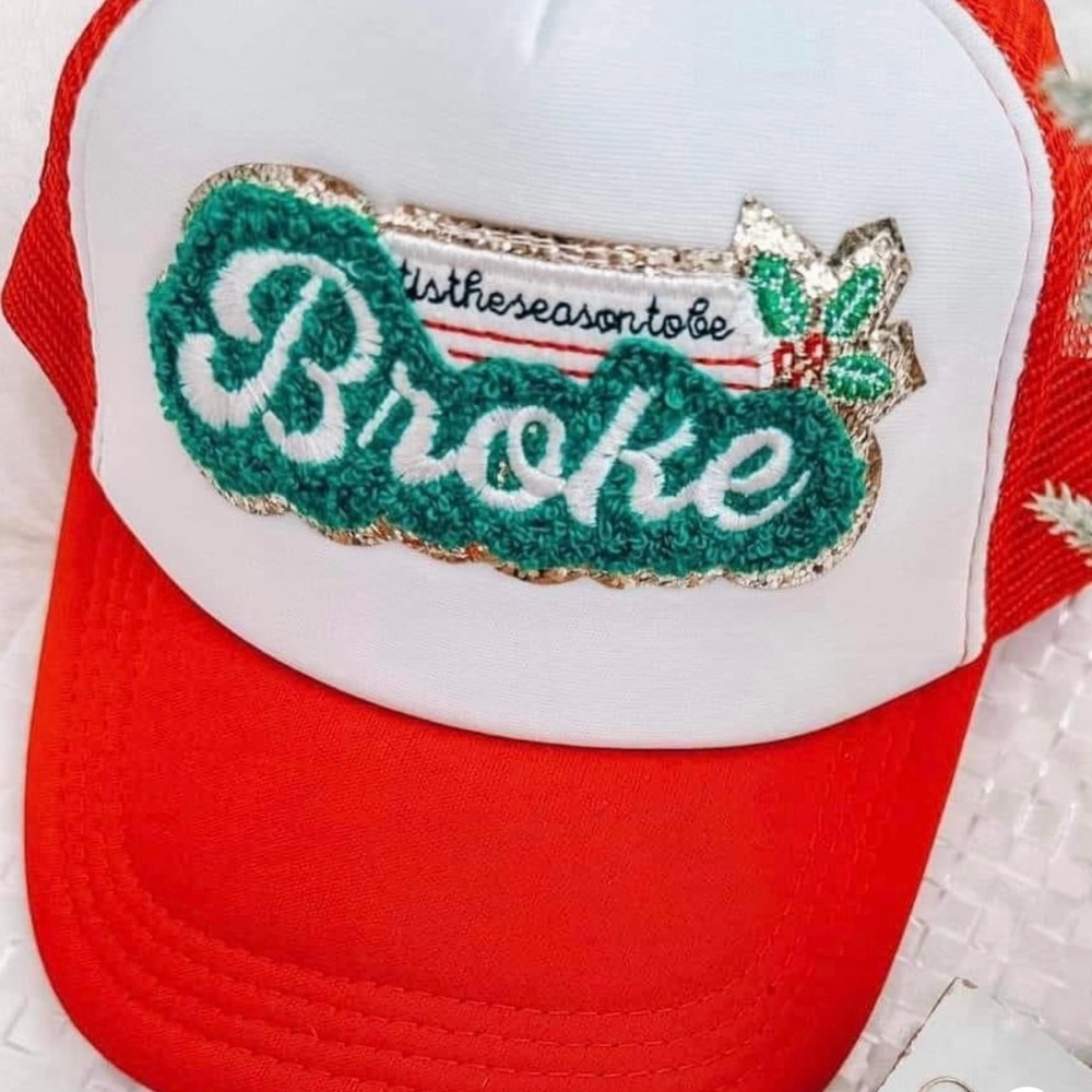 Tis the season to be Broke Red mesh trucker hat. Super cute Broke Christmas Hat